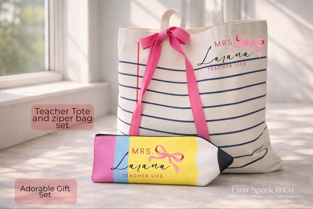 Teacher Canvas Tote Bag Gift Set With Custom Name, Personalized Teacher ...