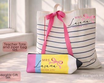 Teacher Canvas Tote Bag Gift Set with Custom Name, Personalized Teacher Name Tote Bag, Custom Teacher Gift Bag, Teacher Appreciation Gift