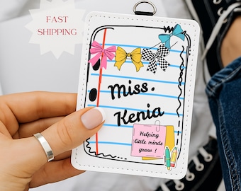 Personalized Teacher Back To School Gift, Custom Teacher Leather ID Card Holder, Custom Teacher Lanyard Accessories, Teacher School Supplies