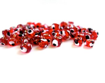 Tiny Handpainted Semi Transparent Red Glass Evil Eye Beads 4mm- Set of 20