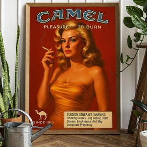 Camel Cigarette Ad - Pleasure to Burn - Bar Cart Print - Retro Tobacco Advertisement Poster - Nostalgic Wall Art - Vintage Home Bar Decor