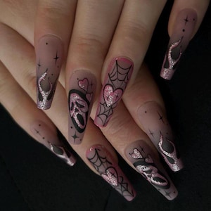 Ghostface Halloween Press On Nails, Goth Press On Nails, Halloween Acrylic, Sexy Halloween, Spooky Vibes, Pink Halloween, Trick or Treat