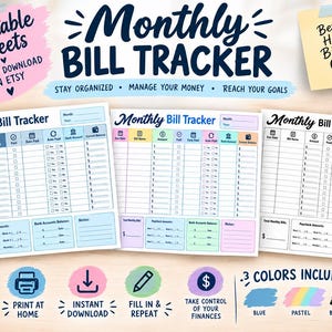 Könnte beinhalten: Drei druckbare monatliche Rechnungs-Tracker-Blätter mit Spalten für Fälligkeitsdatum, Rechnungsname, Betrag, Zahlungsstatus, Zahlungsdatum, automatische Zahlung, Bankkonto und aktuellen Kontostand in Blau, Pastell sowie Schwarz-Weiß.