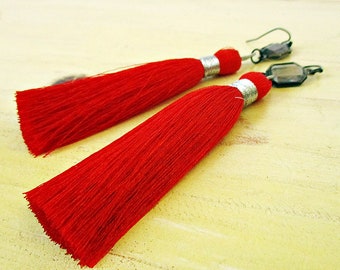 Bright Red Tassel Earrings