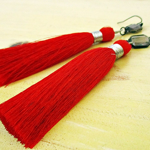 Bright Red Tassel Earrings