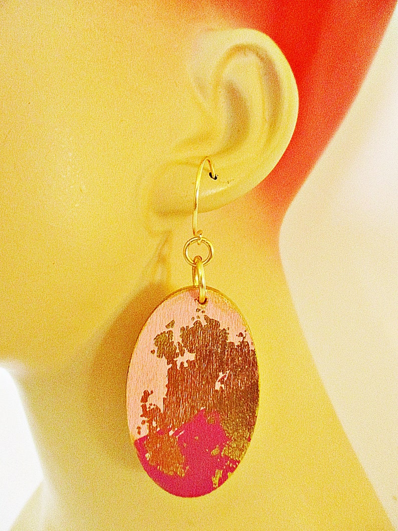 Pink Gold,Oval Shaped Wooden Earrings Burgundy