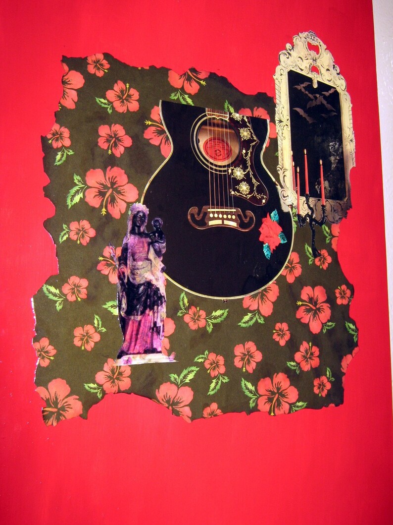 Collage on Wood, Black and Red, Pop Art image 3