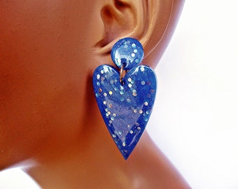 Heart Earrings, Blue, Resin, Large Hearts, Dangle, Handmade,