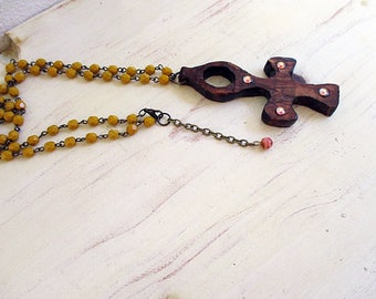 Ankh Necklace, Pendant Necklace, Egyptian Ankh, Brownish Red, Mustard Yellow, Handmade