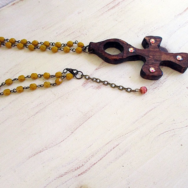 Ankh Necklace, Pendant Necklace, Egyptian Ankh, Brownish Red, Mustard Yellow, Handmade