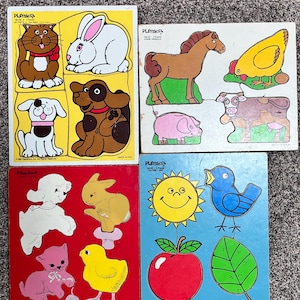 Veel van vier vintage houten Playskool-puzzels! My Pets, My Baby Pets, boerderijdieren en kleuren, 4-stuks puzzels voor kinderen van 1-3 jaar