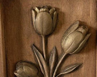 Art mural personnalisé en bois de tulipe, plaque florale rustique, initiales personnalisées