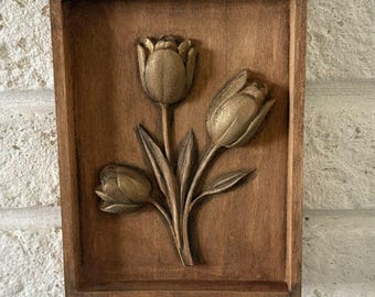 Décoration murale en bois sculpté représentant une tulipe, plaque florale rustique, ornement floral en bois