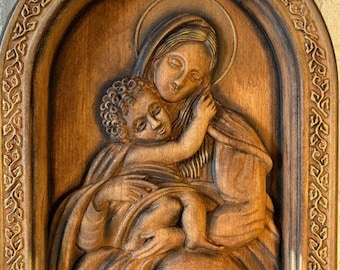 Virgin Mary and Jesus Wood Carved Picture, Christian Religious Decor, Gift for Mom