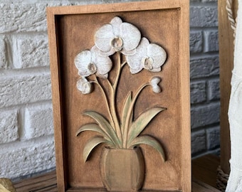 Plaque d'art murale orchidée en bois fabriquée à la main, sculpture sur bois en relief floral 3D