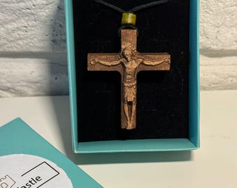 Carved Wood Crucifix Necklace, Jesus Cross Pendant, Religious Gift Box