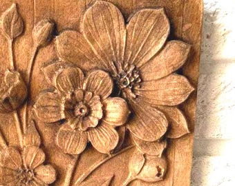 Panneau d'art mural botanique en bois artisanal - Sculpture en relief floral 3D rustique, décoration inspirée de la nature