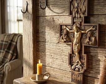 Grand crucifix en bois de hêtre - Corpus d'or, Passion du Christ, oeuvre d'art murale Christian XL XL