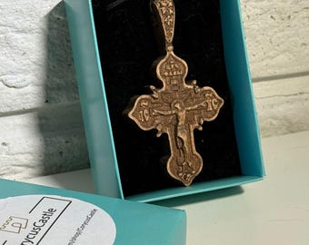 Collier croix orthodoxe rustique, crucifix en bois de hêtre de style antique
