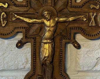Croix orthodoxe en bois de hêtre fabriquée à la main, figure de Jésus doré, décoration murale religieuse