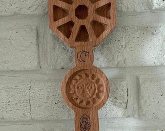 Cuillère chamanique en bois sculpté - Art mural soleil lune, symboles de l'arbre de vie, géométrie sacrée