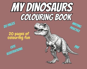 Dinosaur Coloring Book: 20 Unique Illustrations with Writing Practice (Digital Download)
