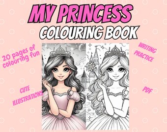 Princess Coloring Book: 20 Unique Illustrations, Writing Practice (Digital Download)