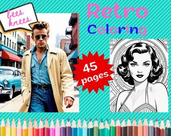 Retro 1950's Adult Coloring Book Pages, Calming Relaxation,  Digital instant download