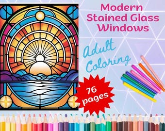 Adult Coloring BookModern Stained Glass, Calming Relaxation,  Digital instant download