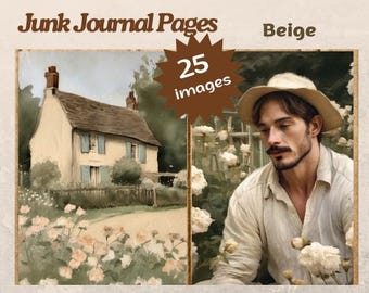 Junk journal beige impressionist art scrap book, 25 double imaged pages, digital, instant download