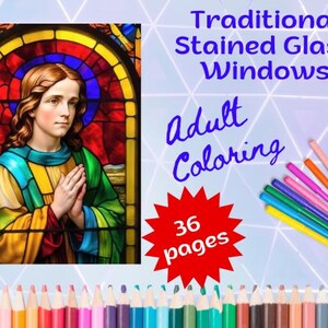 Adult Coloring Book Traditional Stained Glass, Calming Relaxation,  Digital instant download