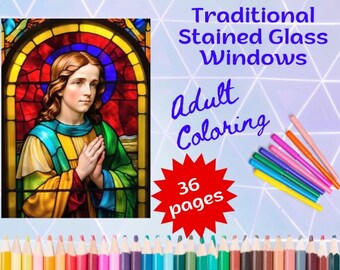 Adult Coloring Book Traditional Stained Glass, Calming Relaxation,  Digital instant download