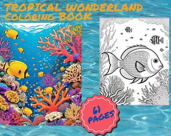 Adult Coloring Book Tropical Wonderland, Calming Relaxation,  Digital instant download