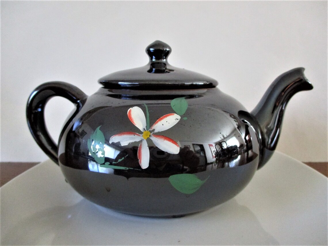 Antique dark brown Teapot. With high gloss and floral Etsy