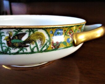 Limoges Serving Bowl or Vegetable Bowl. Design of detailed peacocks and florals. Gold handles and trims. Made in France. Vintage.