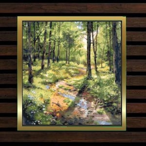 May include: A painting depicting a forest path with sunlight streaming through the trees. The path is lined with green trees and bushes, and there is a small stream running down the middle of the path.