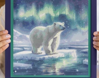 Northern Lights - Polar Bear Cross Stitch Pattern PDF files Symbols/Colours/Mixed with Full Thread List Ice Snow Winter Fun Wildlife Design!