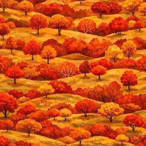 May include: A repeating pattern of rolling hills covered in autumn foliage. The landscape features numerous trees with vibrant red, orange, and yellow leaves set against golden-yellow grassy slopes, creating a dense, textured forest scene.
