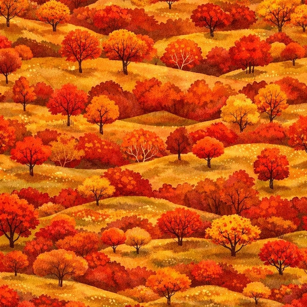 Autumn Pastures! 100% Cotton Fabric NEW Design Metres/Fat/Long/Quarter Quilt Patchwork Craft Sew Fall Leaves Countryside Rural Fields Trees