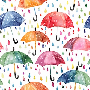 Puede incluir: Patrón de acuarela con paraguas coloridos en tonos rojos, naranjas, rosas, verdes y azules, sobre un fondo blanco. Gotas de lluvia de varios colores están dispersas por el diseño. Los paraguas tienen mangos negros.