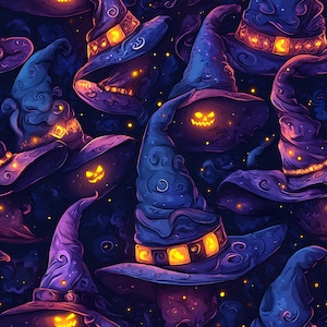 Spooky Witches Hats 100% Cotton Fabric NEW Halloween Design: Metres/Fat/Long/Quarters Quilting Patchwork Crafting Sewing Stitching Creepy!