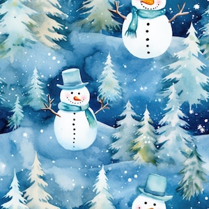 Puede incluir: Una ilustración de acuarela de una escena de invierno con tres muñecos de nieve en un bosque nevado. Los muñecos de nieve llevan bufandas y sombreros azules. El fondo es una acuarela azul y blanca con copos de nieve.