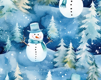 Snowmen on Blue Christmas 100% Cotton Fabric NEW Unique Design: Metres/Fat/Long/Quarters - Quilting Patchwork Crafting Sewing Festive Trees!