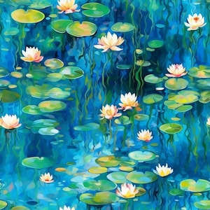 Water Lily Ripples 100% Cotton Fabric NEW Monet Inspired Design Metres/Fat/Long/Quarters Quilting Patchwork Sewing Dressmaking Lily Flowers