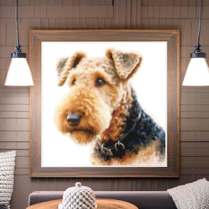 Könnte beinhalten: Ein gerahmter Druck eines braunen und schwarzen Airedale Terrier Hundes mit weißem Hintergrund. Der Hund schaut nach links im Bild.