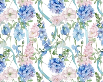 ¡Dedaleras y cintas! Tela 100 % algodón, nueva, diseño floral de jardín, por metro, ancho, largo o cuartos, para acolchado, patchwork, manualidades, costura, azul y rosa.