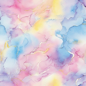 May include: Abstract watercolor design featuring a blend of pastel colors including pink, blue, yellow, and purple. The design has a marbled effect with gold accents, creating a flowing, ethereal look. The artwork is suitable for various applications, such as fabric or wallpaper.