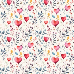 May include: A seamless pattern featuring watercolour hearts and floral elements in shades of pink, red, blue, and green on a white background.