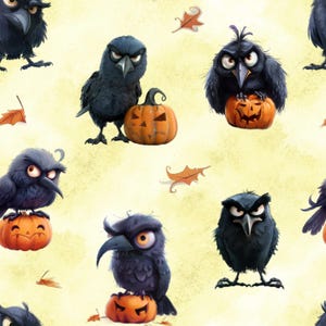 Peut inclure: Motif répété de corbeaux de dessin animé aux expressions fâchées, chacun perché sur ou près d'une citrouille orange sculptée. Le fond est jaune clair avec des feuilles orange éparpillées, créant un thème d'Halloween.