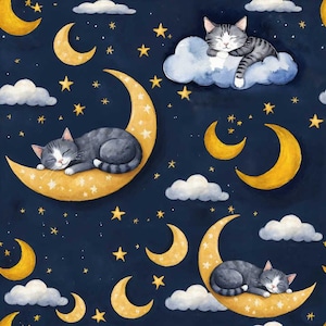 May include: A seamless pattern featuring gray cats sleeping on yellow crescent moons against a dark blue background with white clouds and yellow stars.